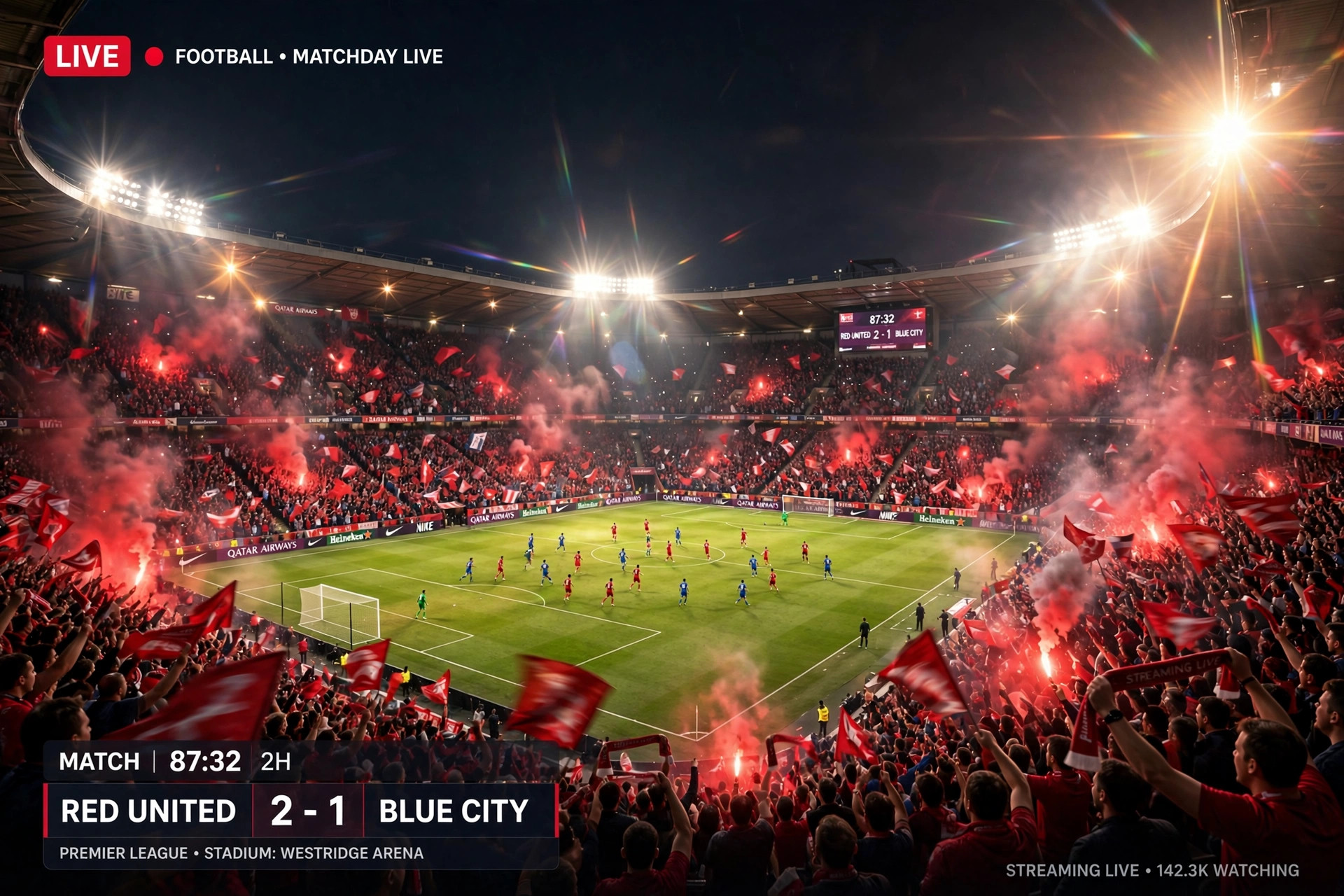 Football stadium at night during a live broadcast match