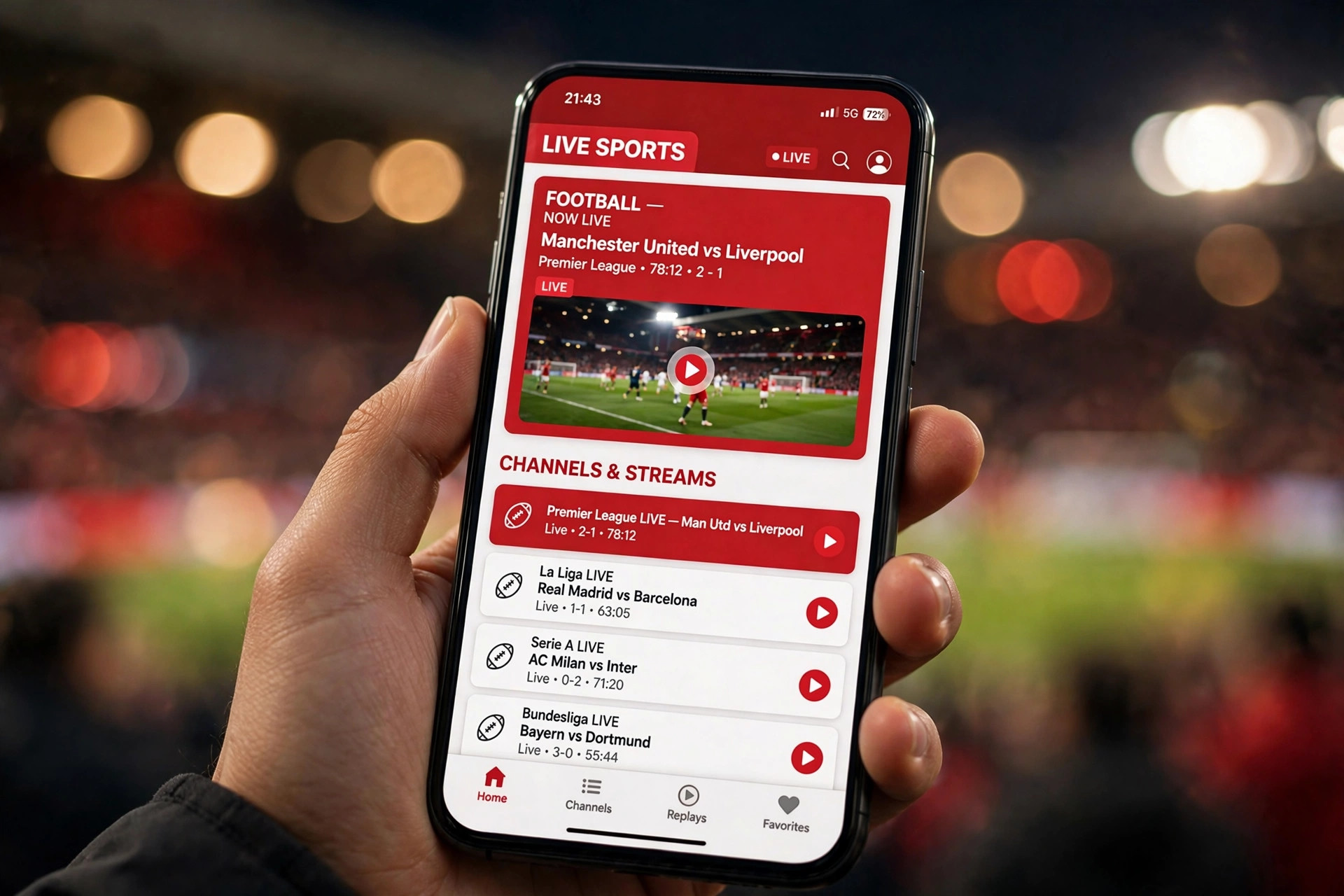 Phone showing the Yacine TV match streaming app interface